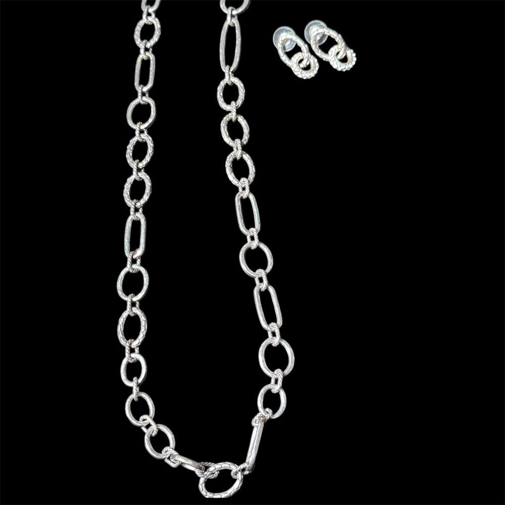 Brighton Silver Long Link Necklace Drop Earrings Set Textured Oval Links Retired - Picture 11 of 14